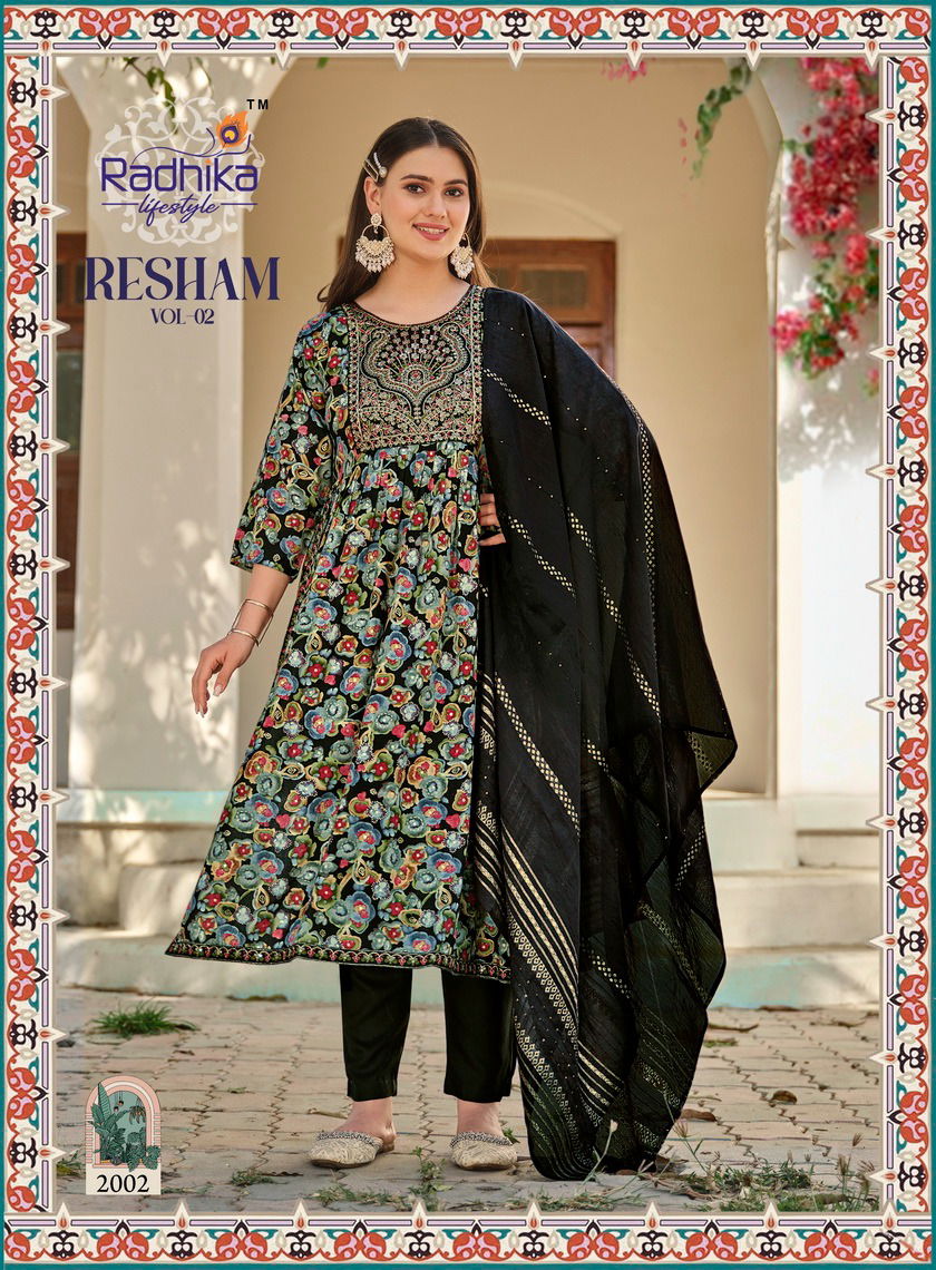 Resham Vol 2 By Radhika Naira Cut Printed Embroidery Kurti With Bottom Dupatta Wholesale Online